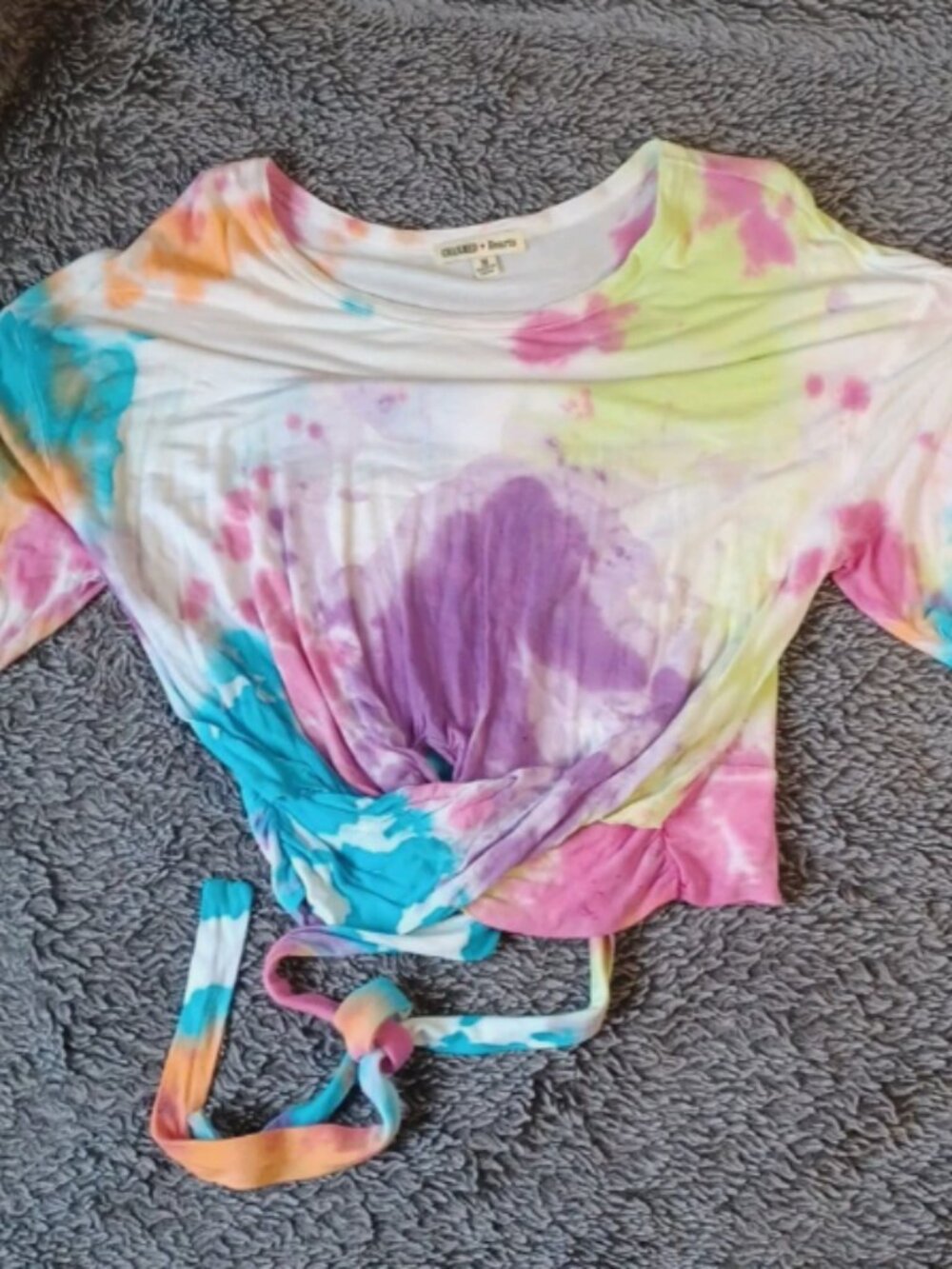 Charmed Hearts Medium Crop Top Gathered Tshirt Tie Dye Boho Hippy MultiColor